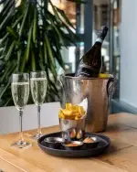 Fizz and Chips. House Prosecco, fries and dips, £32.95, Sunday through Friday. A small plan with a bit of sparkle to it.